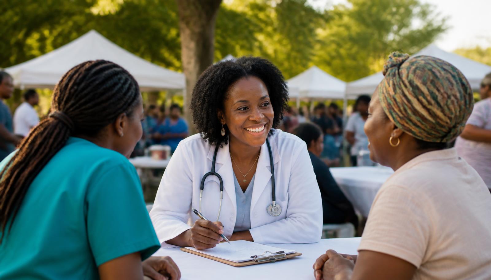 A smiling doctor in a white coat with a stethoscope talking with two community members at an outdoor Community Health Connect event