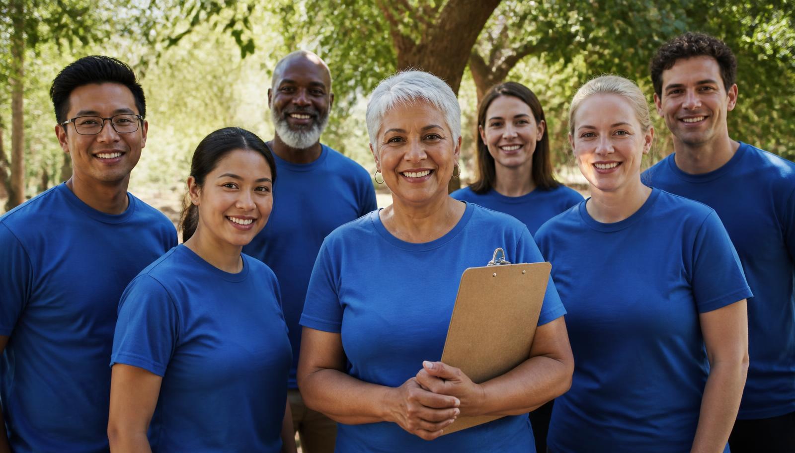 A diverse team of Safe Access Network volunteers in blue shirts smiling outdoors, one holding a clipboard