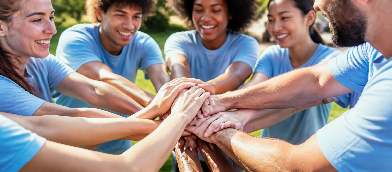 Volunteers in light blue shirts stacking their hands together in a team huddle outdoors