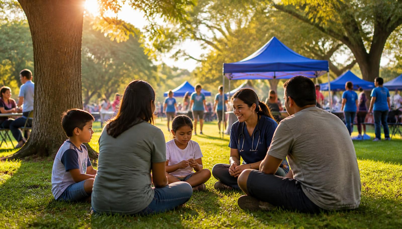 Families sitting on the grass with a nurse at a neighborhood Community Health Connect event in a sunlit park
