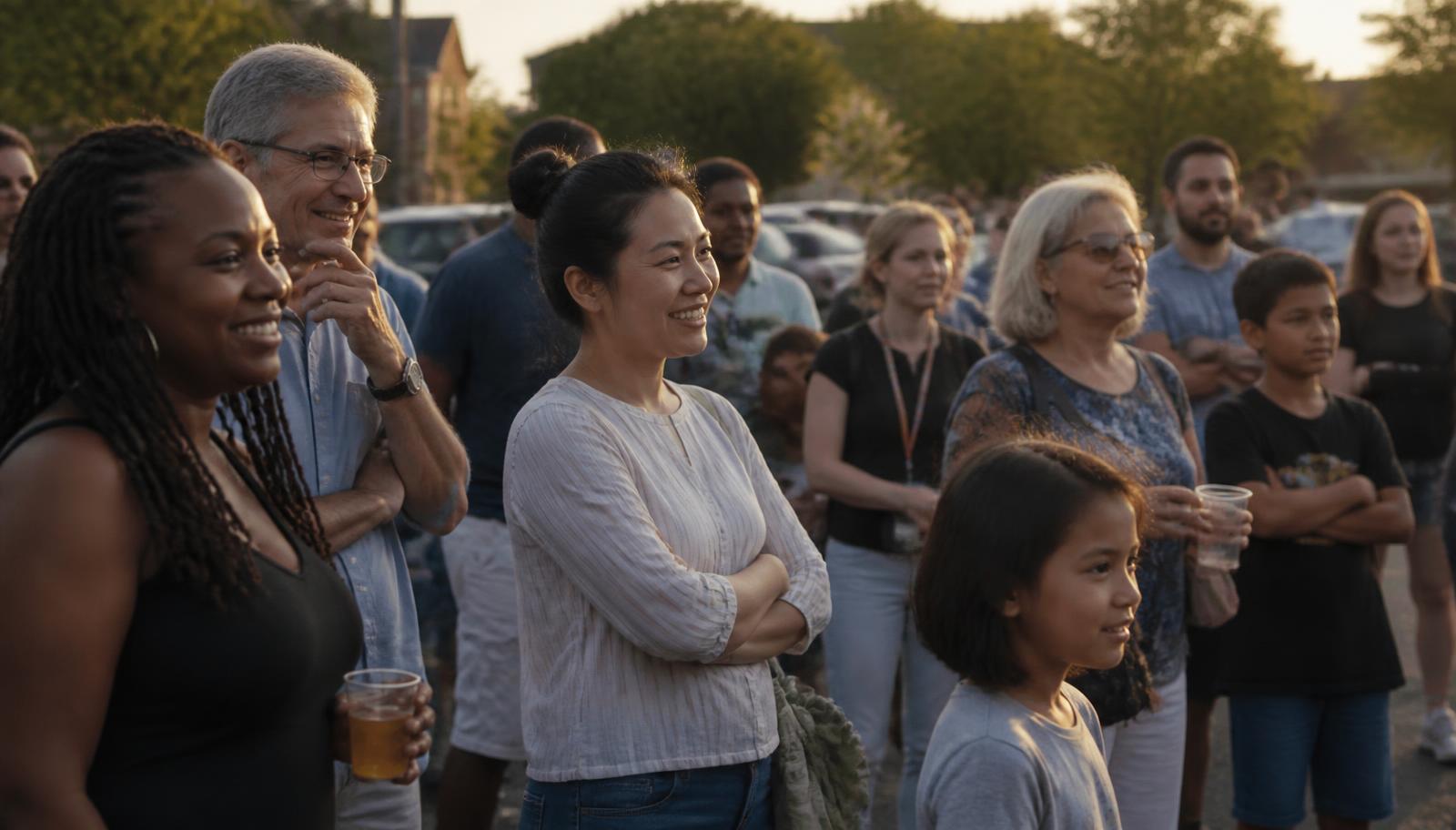 A diverse group of neighbors of many ages listening and smiling together at an outdoor community gathering